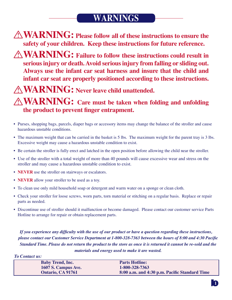 Warning, Warnings, Never leave child unattended | Baby Trend SNAP N GO 1305 User Manual | Page 2 / 5