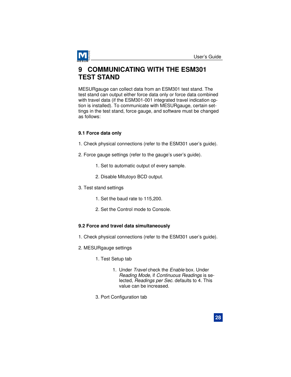 9 communicating with the esm301 test stand | Checkline MESURgauge User Manual | Page 29 / 32