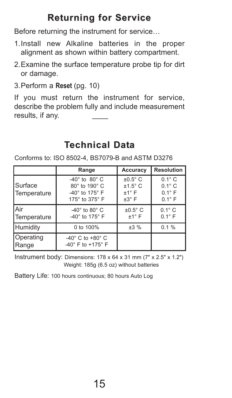 Technical dat echnical dat a a, Returning for service | Checkline PT-DPM User Manual | Page 15 / 16