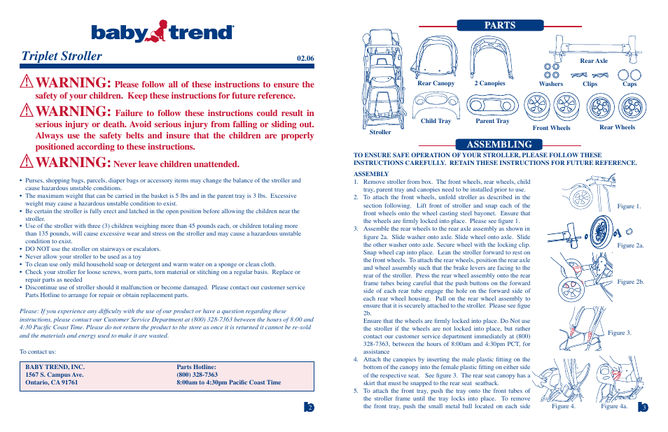 Warning, Triplet stroller, Never leave children unattended | Baby Trend Triplet Stroller 7678T 7639T User Manual | Page 2 / 5