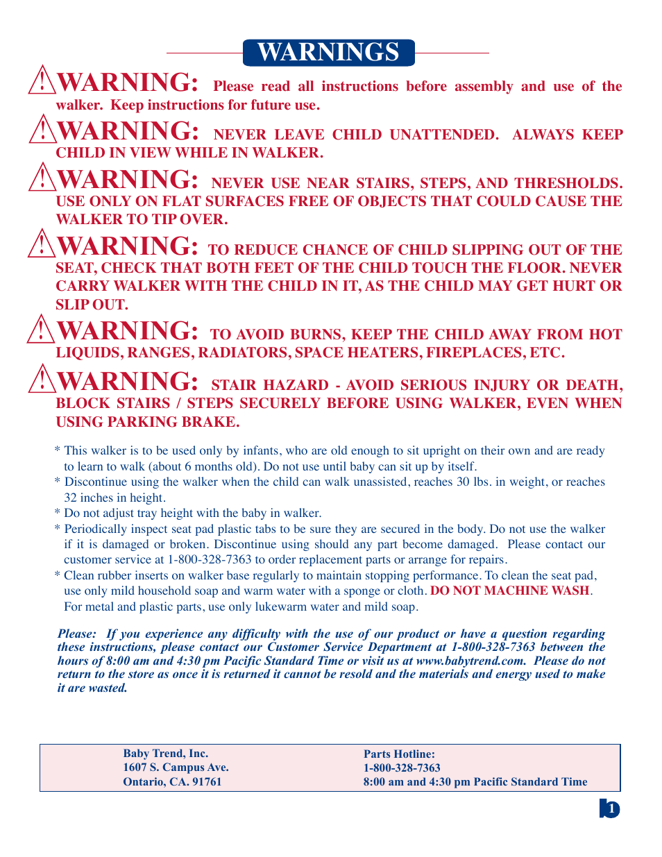 Warning, Warnings | Baby Trend Walker WK37 User Manual | Page 2 / 4