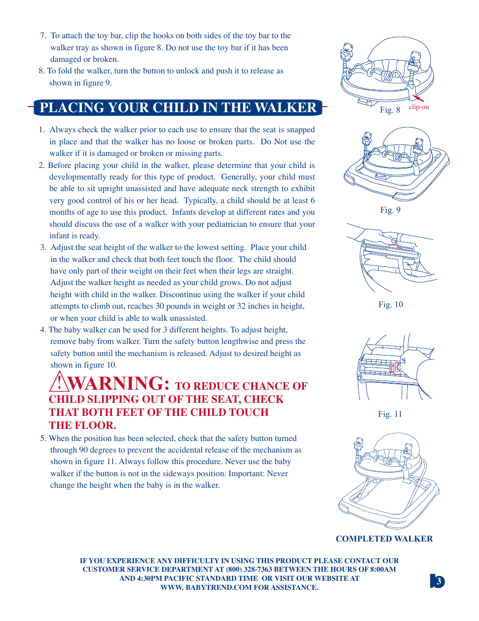 Warning, Placing your child in the walker | Baby Trend Walker WK37 User Manual | Page 4 / 4