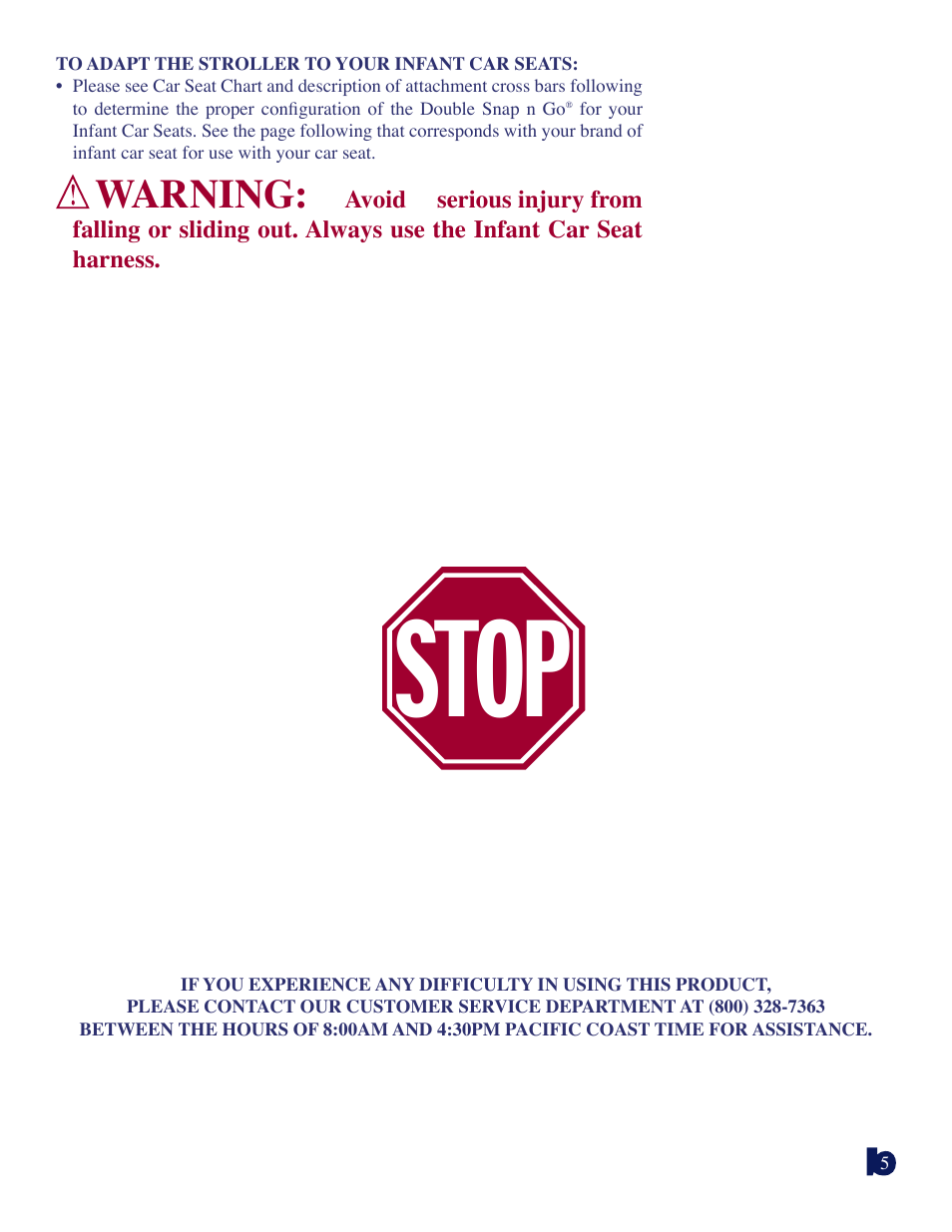 Stop, Warning | Baby Trend DOUBLE SNAP N GO 1304TW User Manual | Page 5 / 14