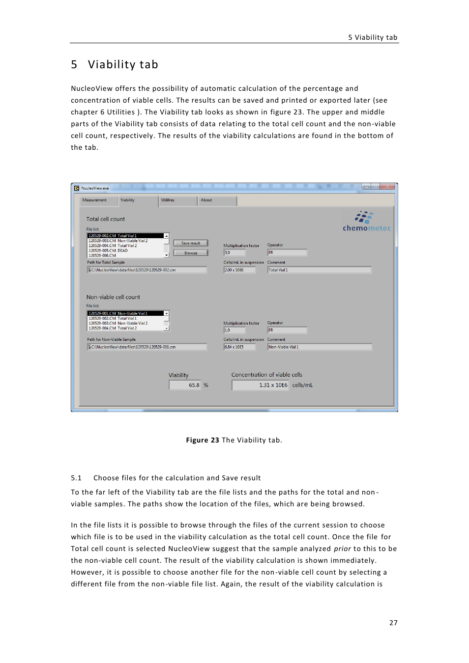 Viability tab, Hoose files for the calculation and, Ave result | 5 viability tab | ChemoMetec NC-100 User Manual | Page 37 / 76