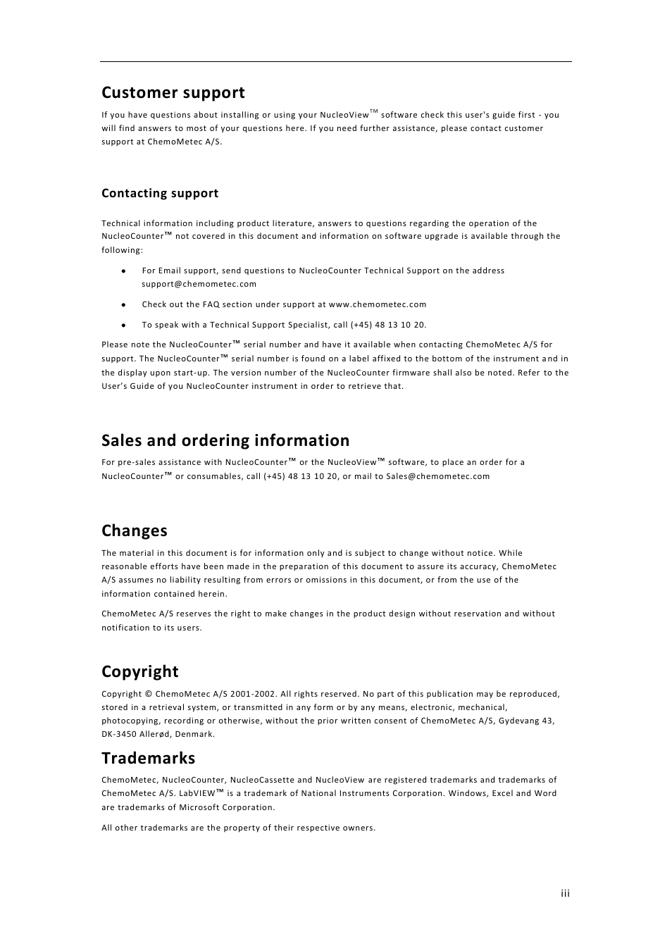 Customer support, Sales and ordering information, Changes | Copyright, Trademarks, Contacting support | ChemoMetec NC-100 User Manual | Page 5 / 76