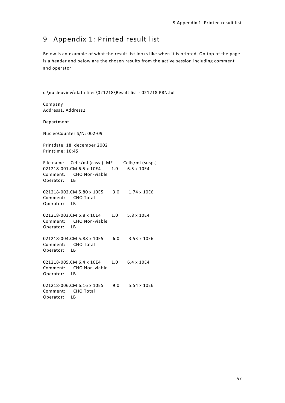 Appendix 1: printed result list, 9 appendix 1: printed result list | ChemoMetec NC-100 User Manual | Page 67 / 76