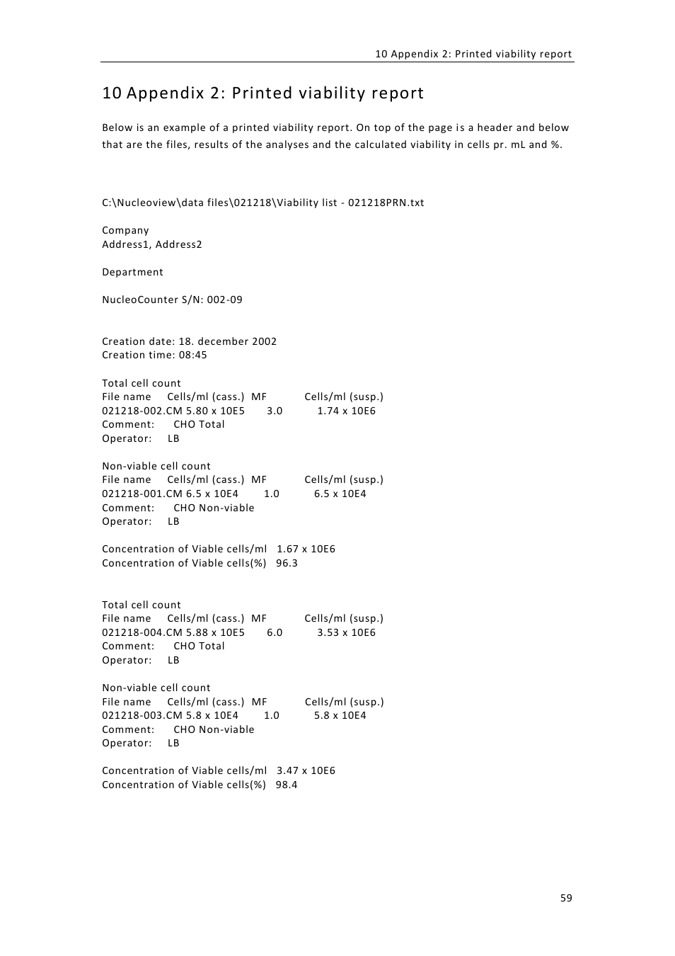Appendix 2: printed viability report, 10 appendix 2: printed viability report | ChemoMetec NC-100 User Manual | Page 69 / 76