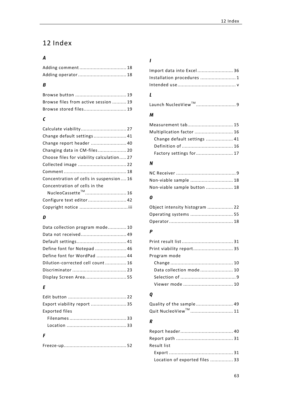 Index, 12 index | ChemoMetec NC-100 User Manual | Page 73 / 76