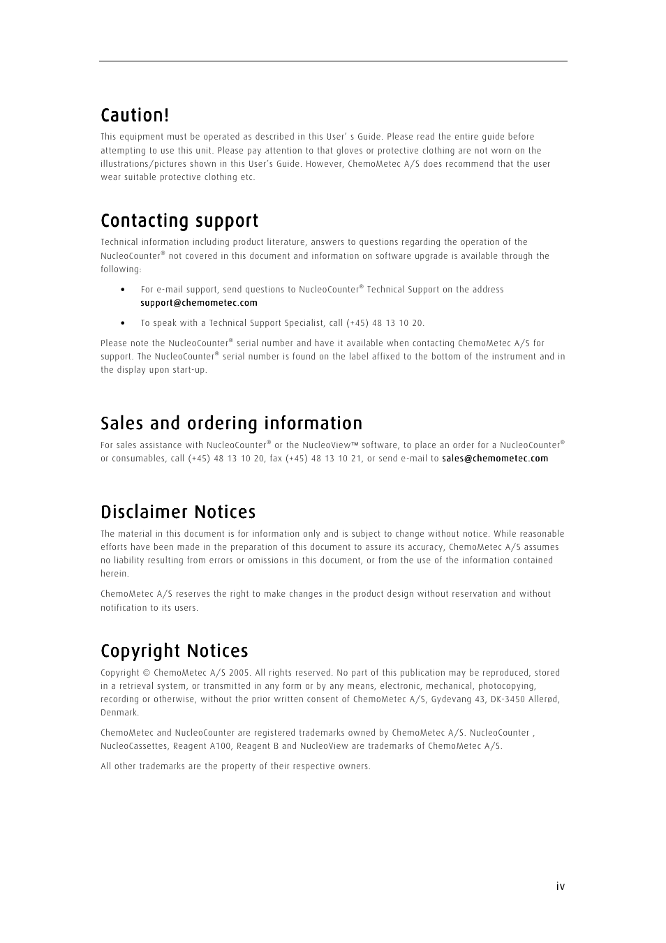 Caution, Contacting support, Sales and ordering inform | Disclaimer notices, Copyright notices | ChemoMetec NC-100 User Manual | Page 5 / 68