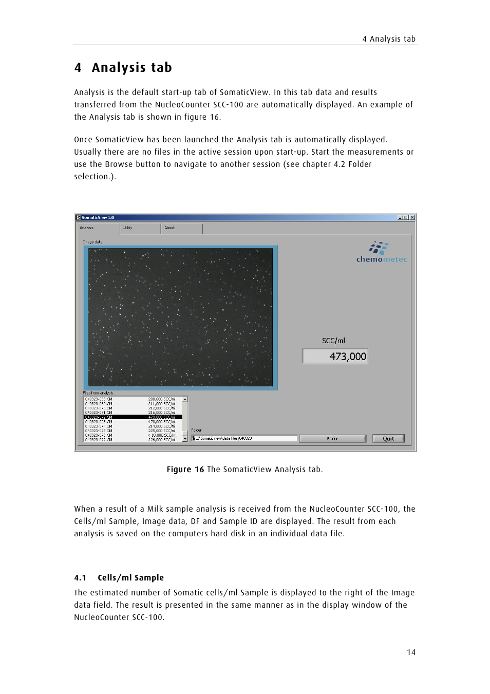 Analysis tab, Cells/ml sample, Ells | Ample, 4 analysis tab | ChemoMetec SCC-100 User Manual | Page 24 / 43