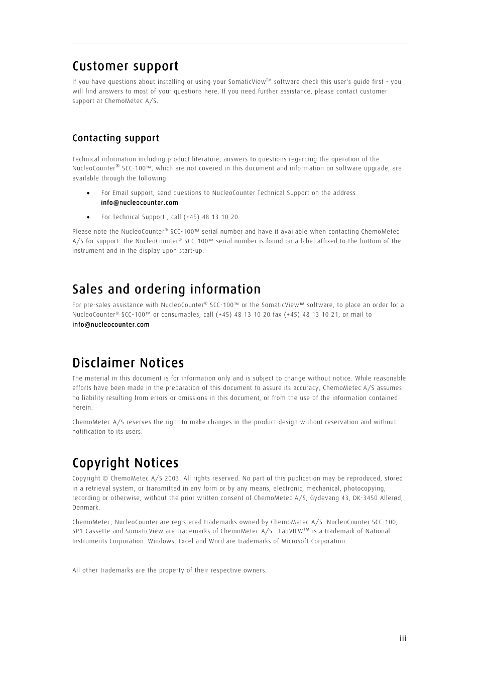 Customer, Customer customer support support support support, Sales and ordering information | Disclaimer notices, Copyright notices | ChemoMetec SCC-100 User Manual | Page 5 / 43