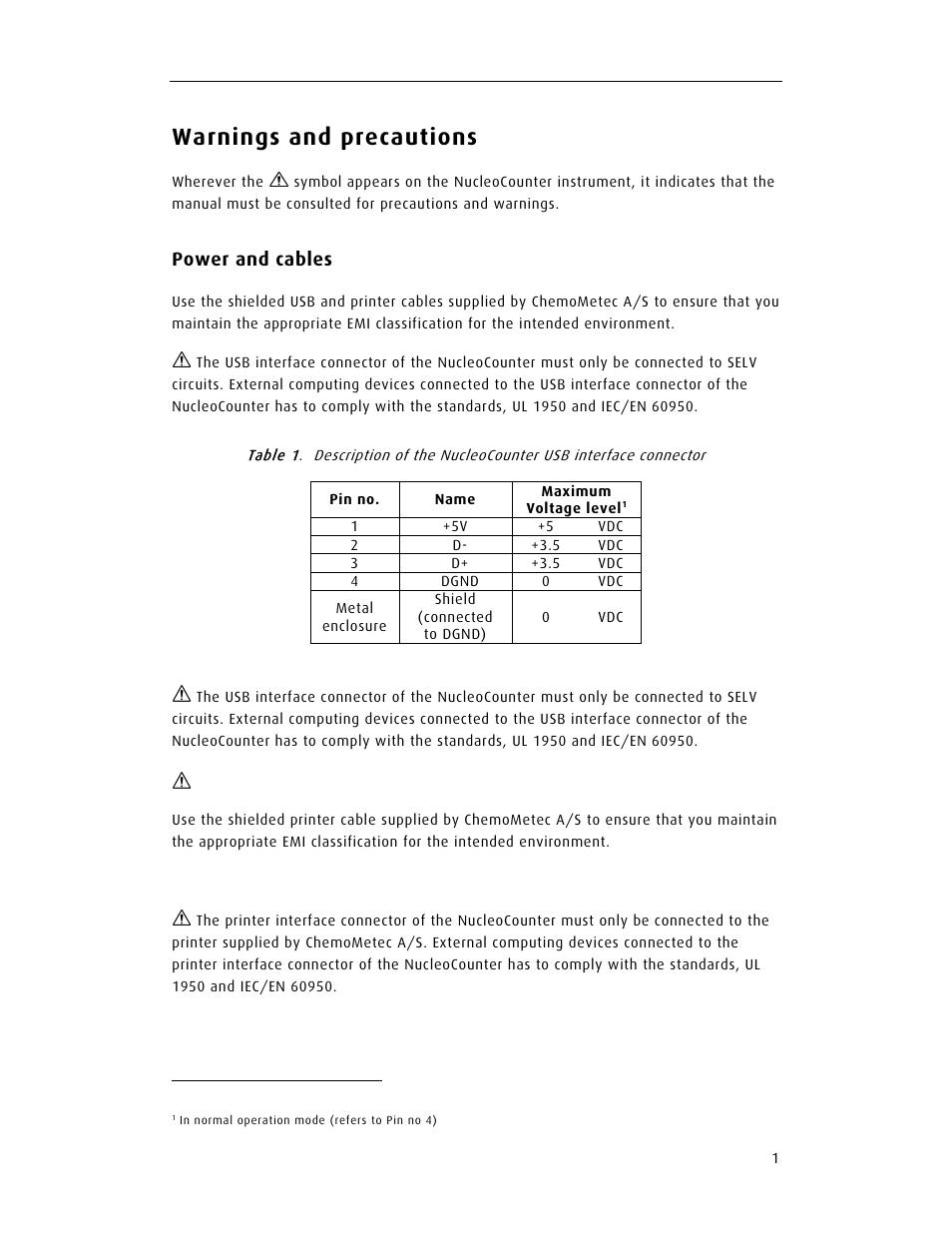 Warnings and precautions, Power and cables | ChemoMetec SCC-100 User Manual | Page 13 / 56