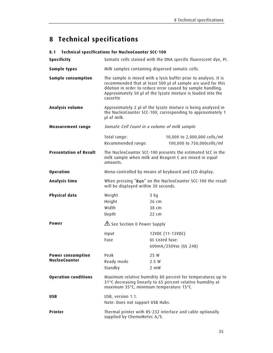 8 technical specifications | ChemoMetec SCC-100 User Manual | Page 47 / 56
