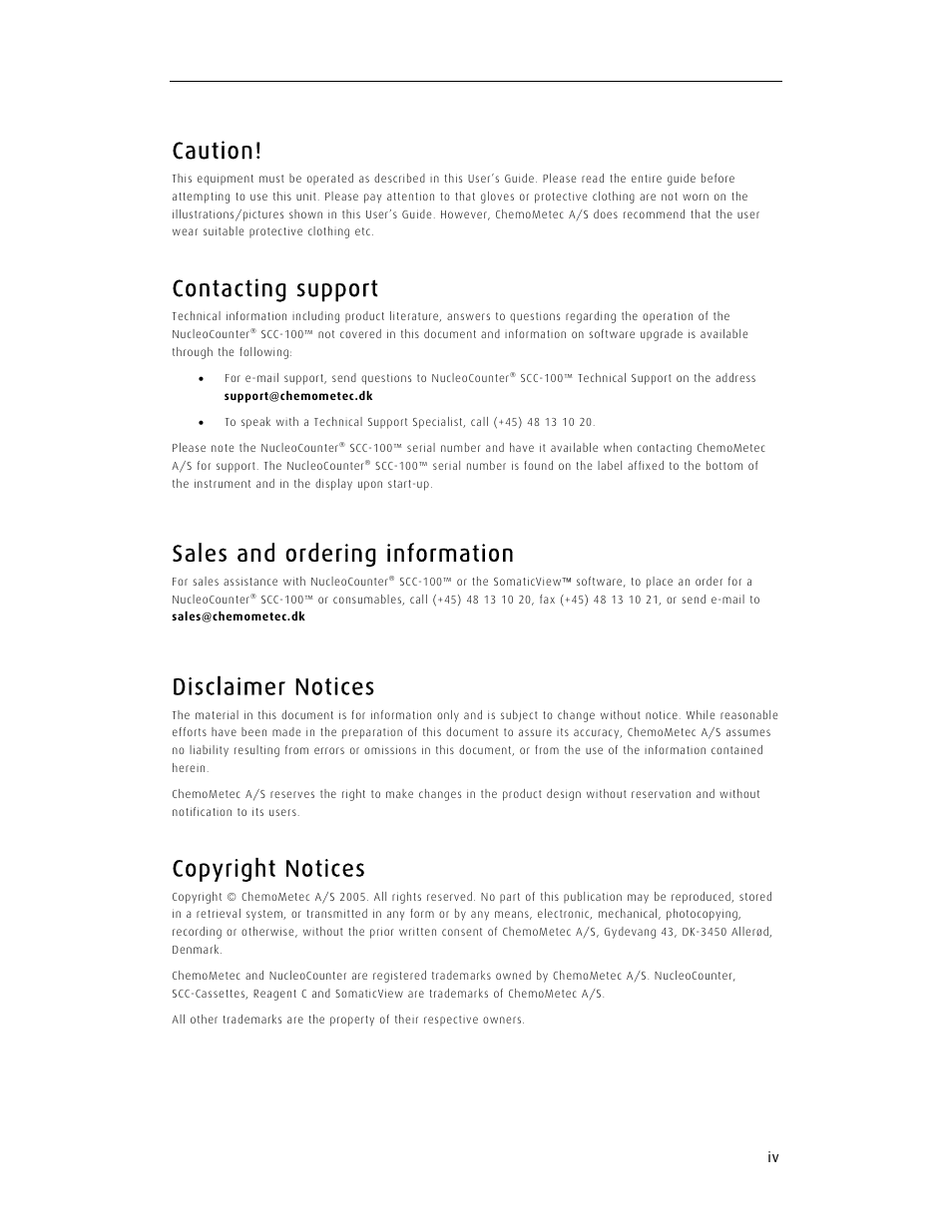 Caution, Contacting support, Sales and ordering information | Disclaimer notices, Copyright notices | ChemoMetec SCC-100 User Manual | Page 5 / 56