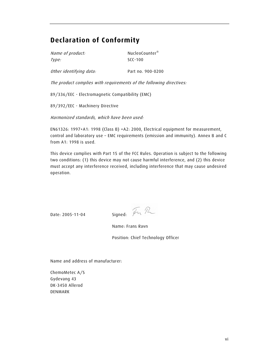 Declaration of conformity | ChemoMetec SCC-100 User Manual | Page 7 / 56