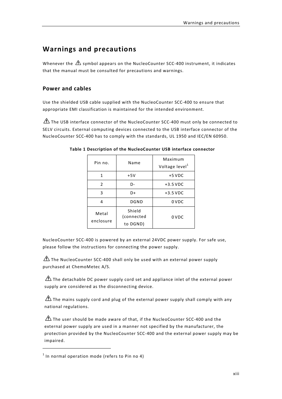 Warnings,and,precautions, Power,and,cables | ChemoMetec SCC-400 User Manual | Page 13 / 51