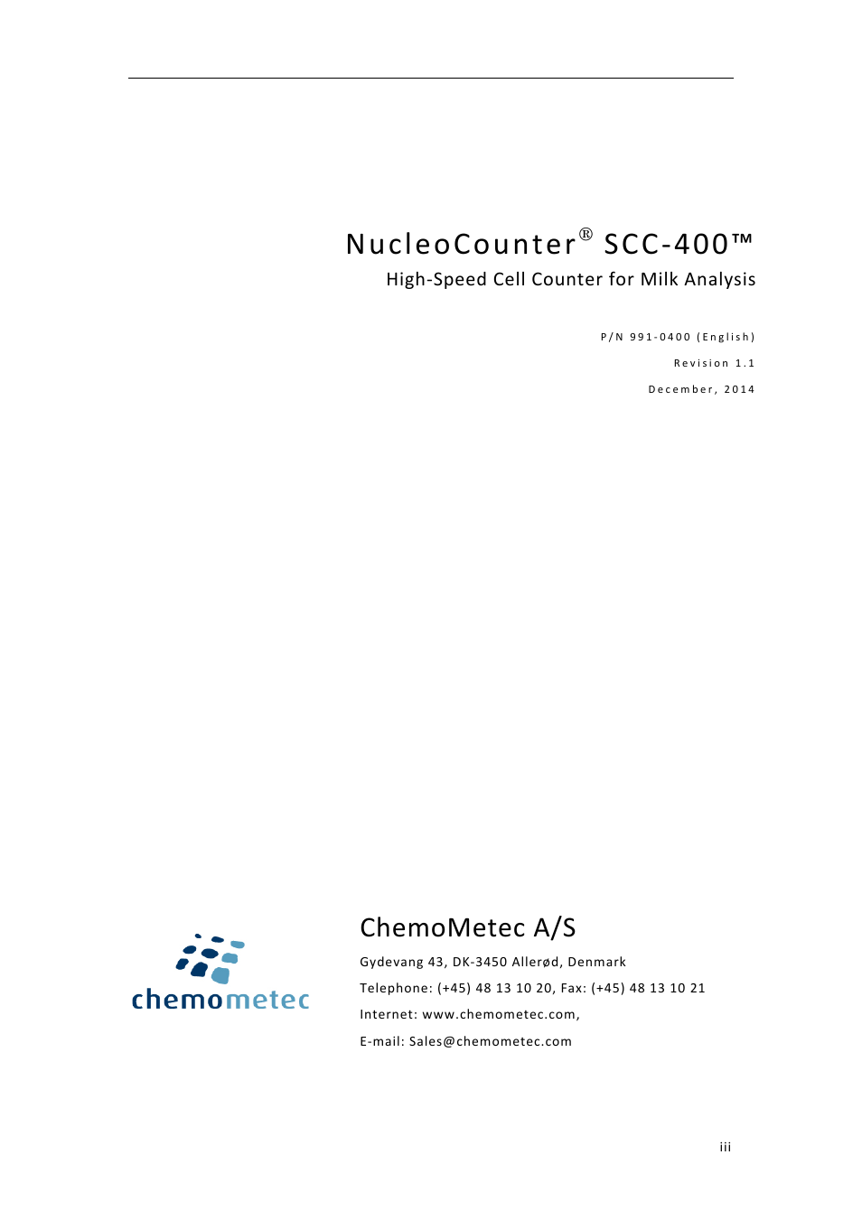 Nucleocounter, Scc0400, Chemometec!a/s | ChemoMetec SCC-400 User Manual | Page 3 / 51