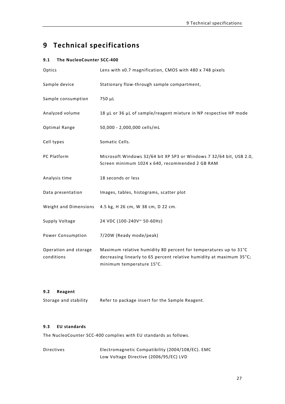 9 technical,specifications | ChemoMetec SCC-400 User Manual | Page 41 / 51