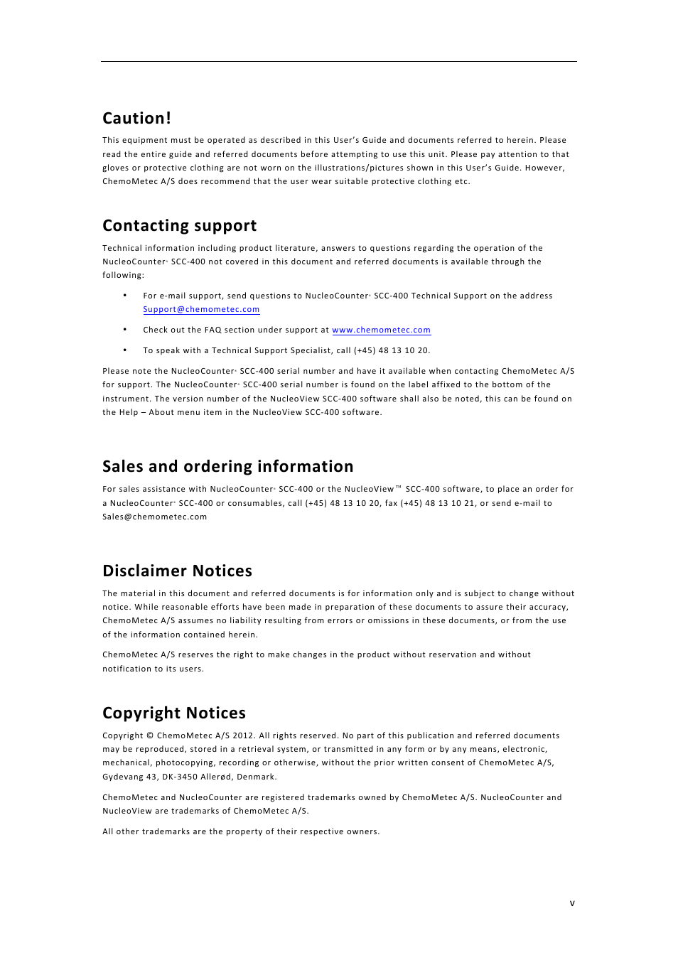 Caution, Contacting,support, Sales,and,ordering,information | Disclaimer,notices, Copyright,notices | ChemoMetec SCC-400 User Manual | Page 5 / 51