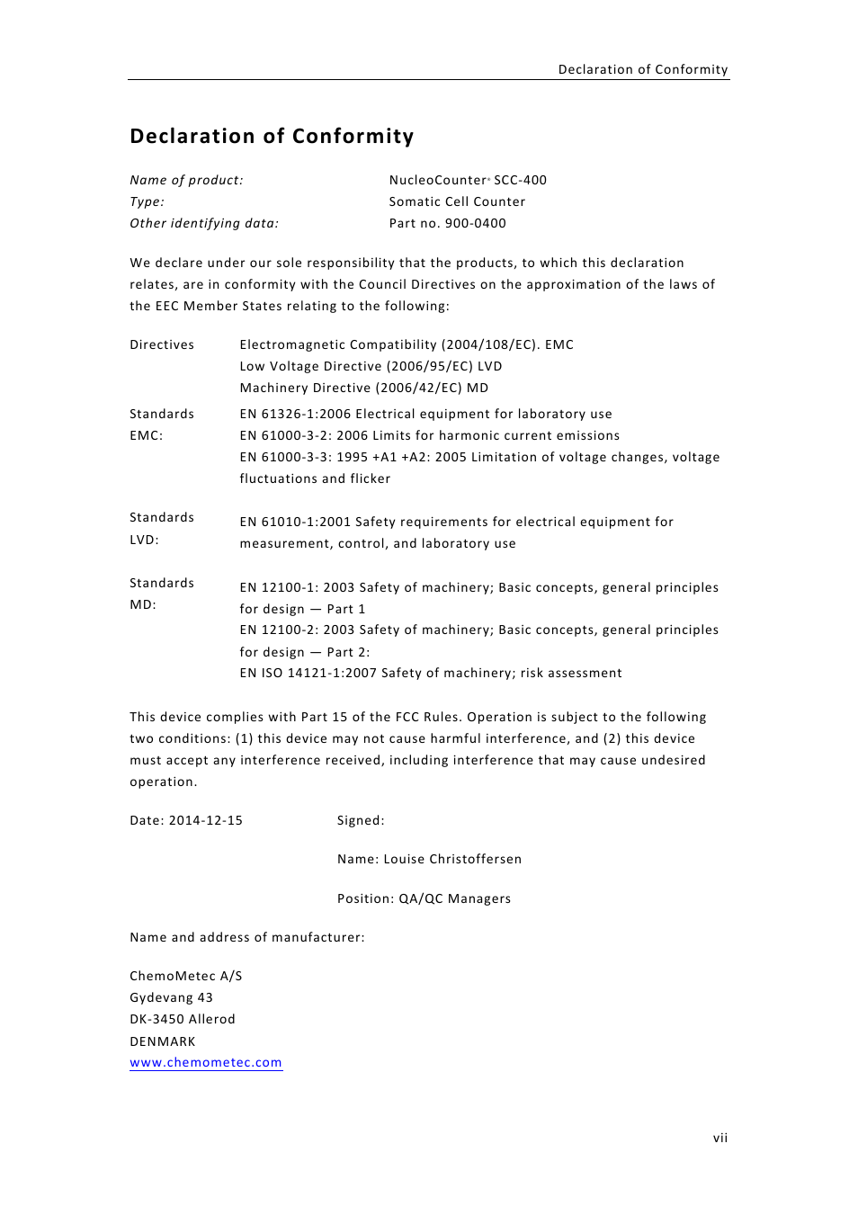 Declaration,of,conformity | ChemoMetec SCC-400 User Manual | Page 7 / 51