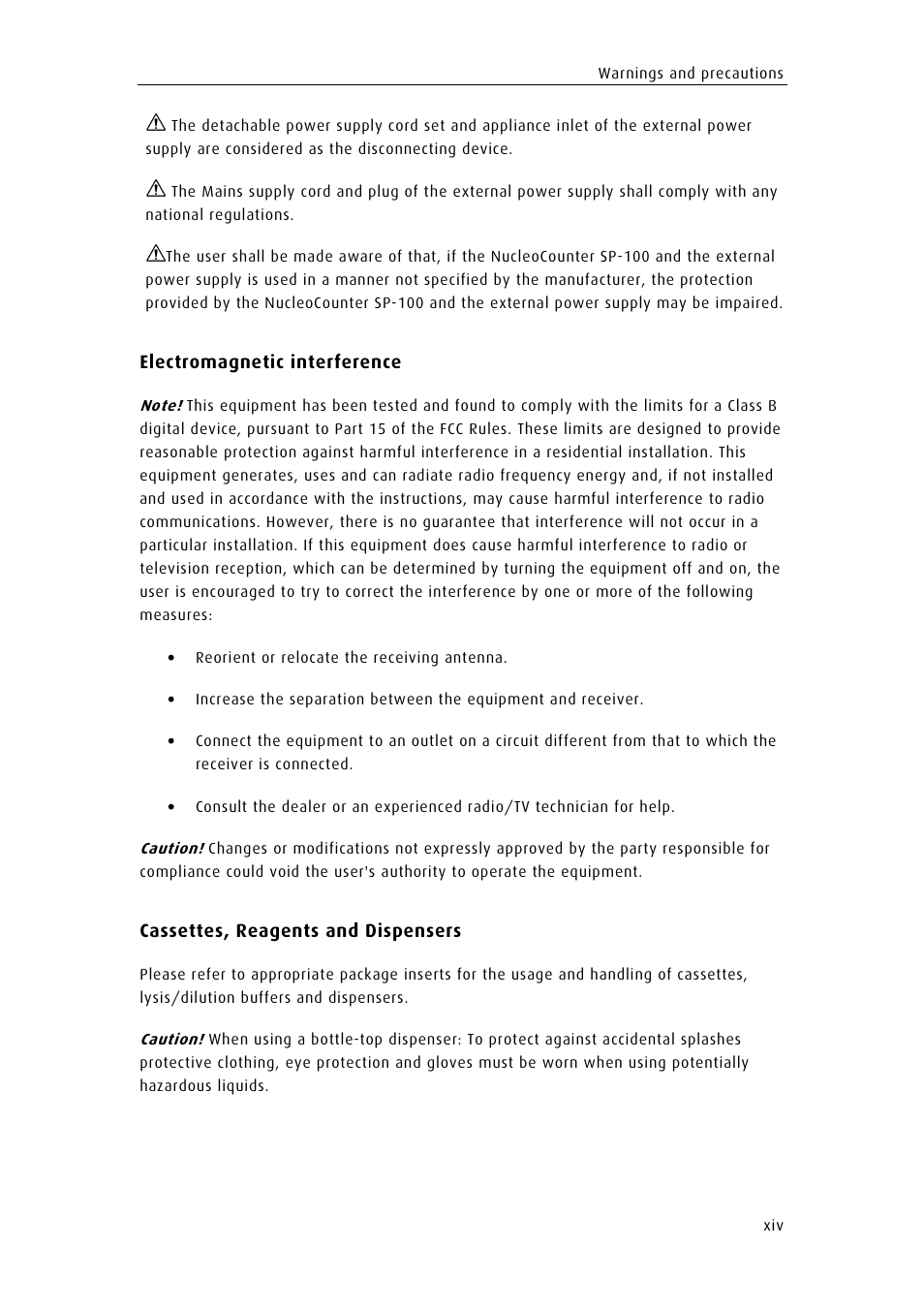 Electromagnetic interference, Cassettes, reagents and dispensers | ChemoMetec SP-100 User Manual | Page 15 / 78