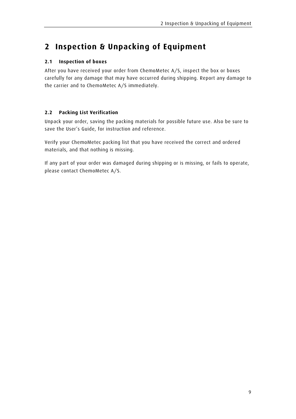 2 inspection & unpacking of equipment | ChemoMetec SP-100 User Manual | Page 27 / 78