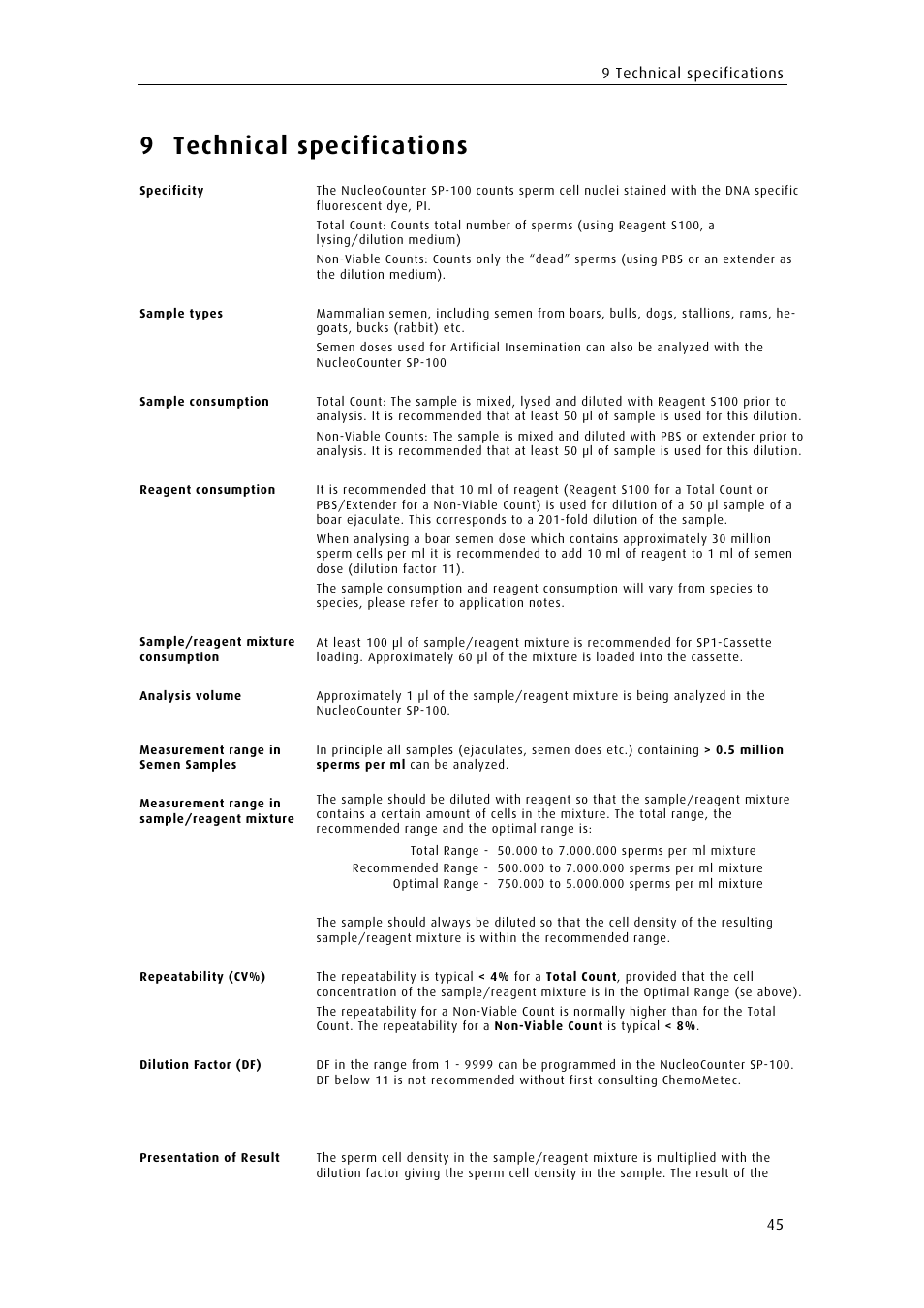 9 technical specifications | ChemoMetec SP-100 User Manual | Page 63 / 78