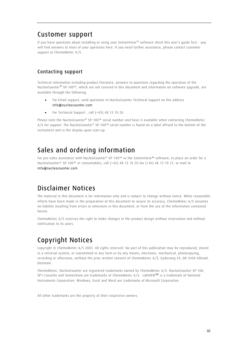 Customer support, Sales and ordering information, Disclaimer notices | Copyright notices, Contacting support | ChemoMetec SP-100 User Manual | Page 5 / 61