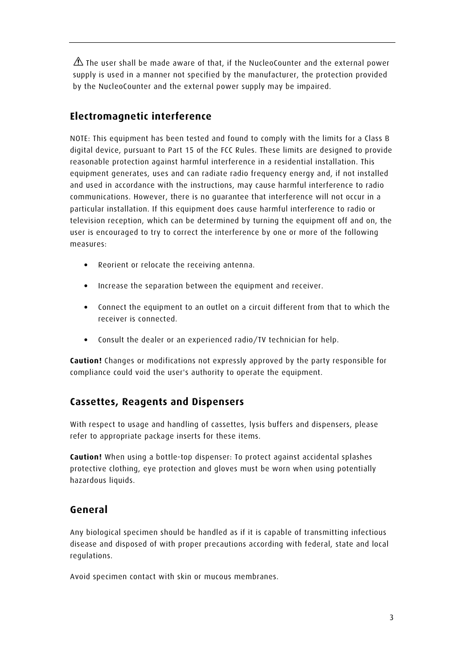 Electromagnetic interference, Cassettes, reagents and dispensers, General | ChemoMetec YC-100 User Manual | Page 15 / 60