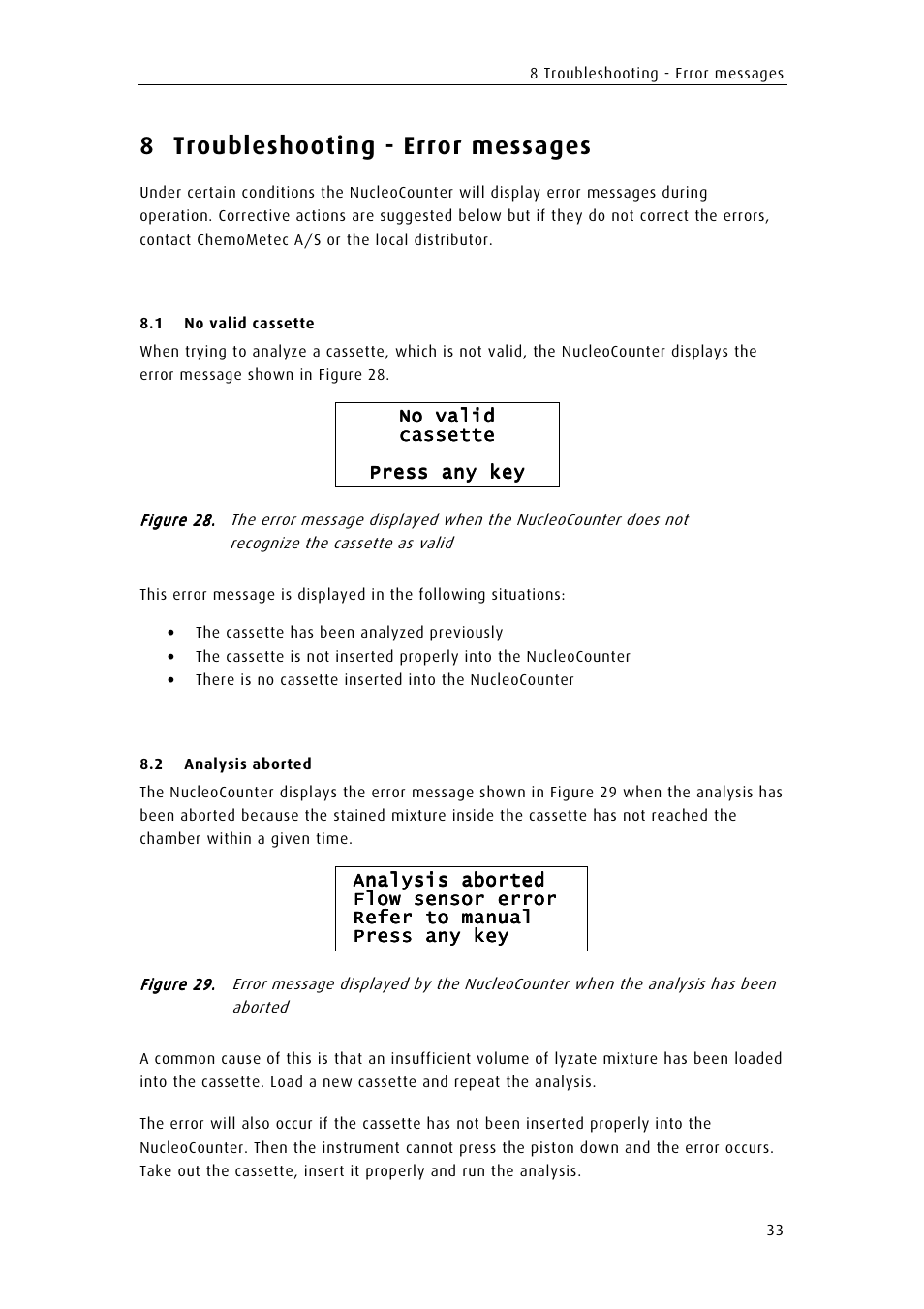 8 troubleshooting - error messages | ChemoMetec YC-100 User Manual | Page 45 / 60