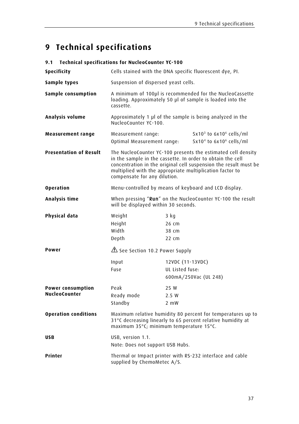 9 technical specifications | ChemoMetec YC-100 User Manual | Page 49 / 60