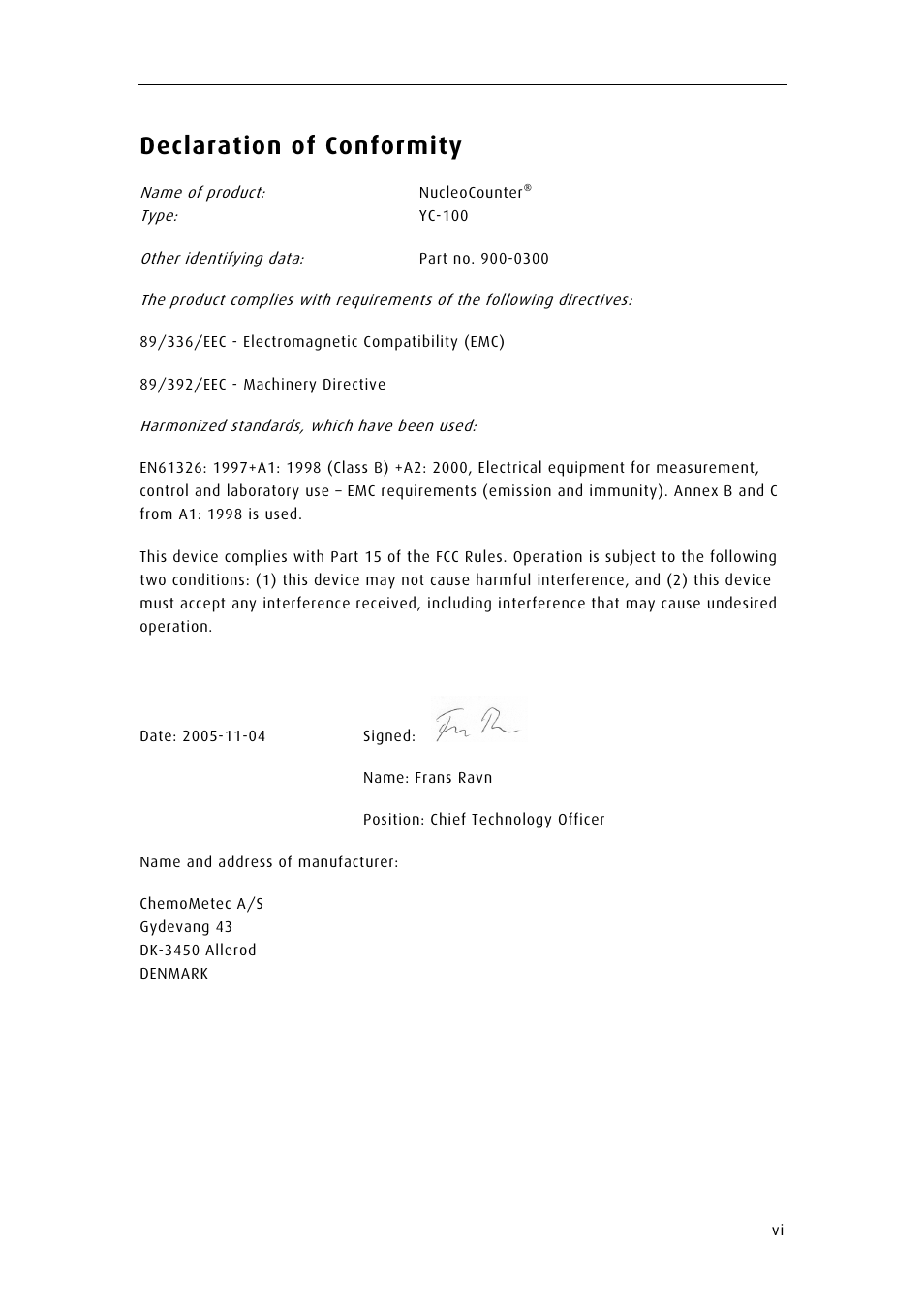 Declaration of conformity | ChemoMetec YC-100 User Manual | Page 7 / 60