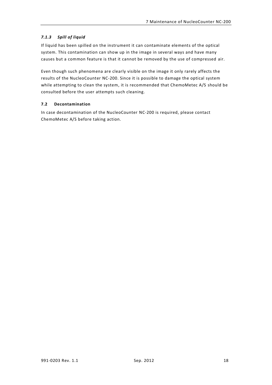 Spill of liquid, Econtamination | ChemoMetec NC-200 User Manual | Page 32 / 45