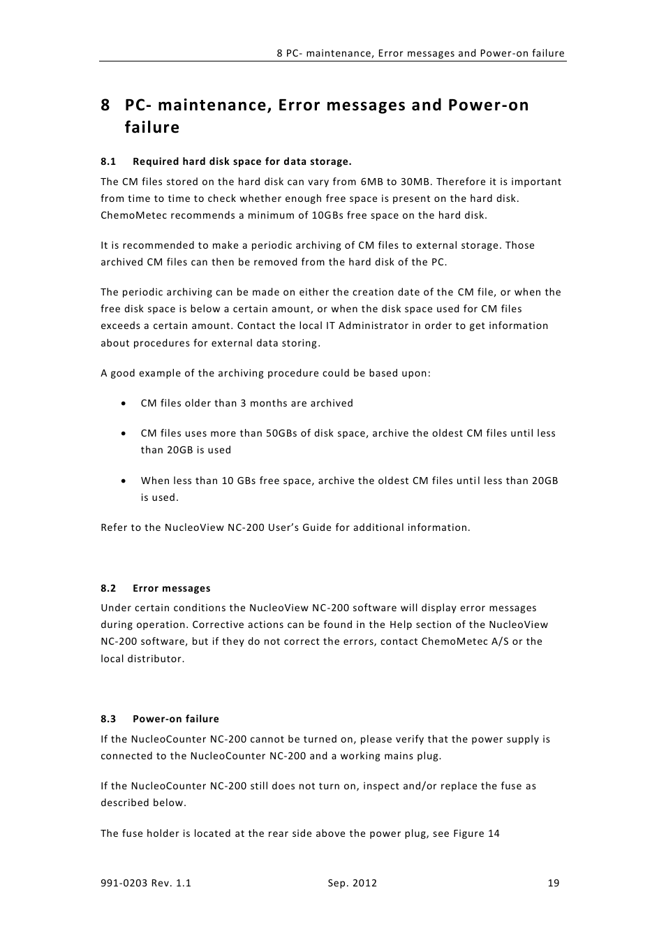 Equired hard disk space for data storage, Rror messages, Ower | On failure | ChemoMetec NC-200 User Manual | Page 33 / 45