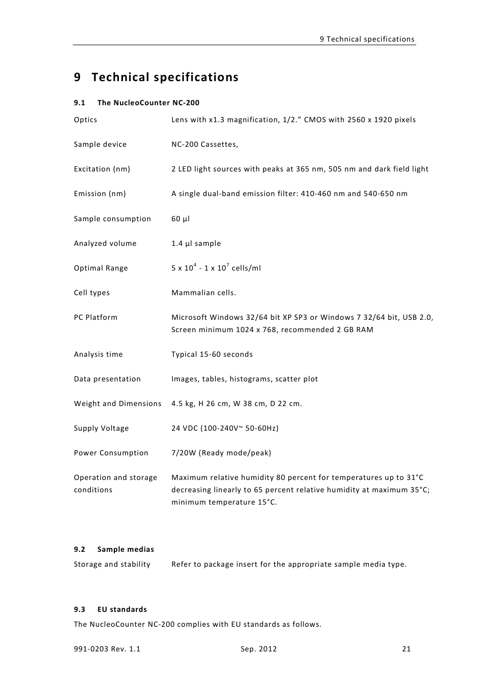 Technical specifications, Ucleo, Ounter | Nc-200, Ample medias, Standards, 9 technical specifications | ChemoMetec NC-200 User Manual | Page 35 / 45