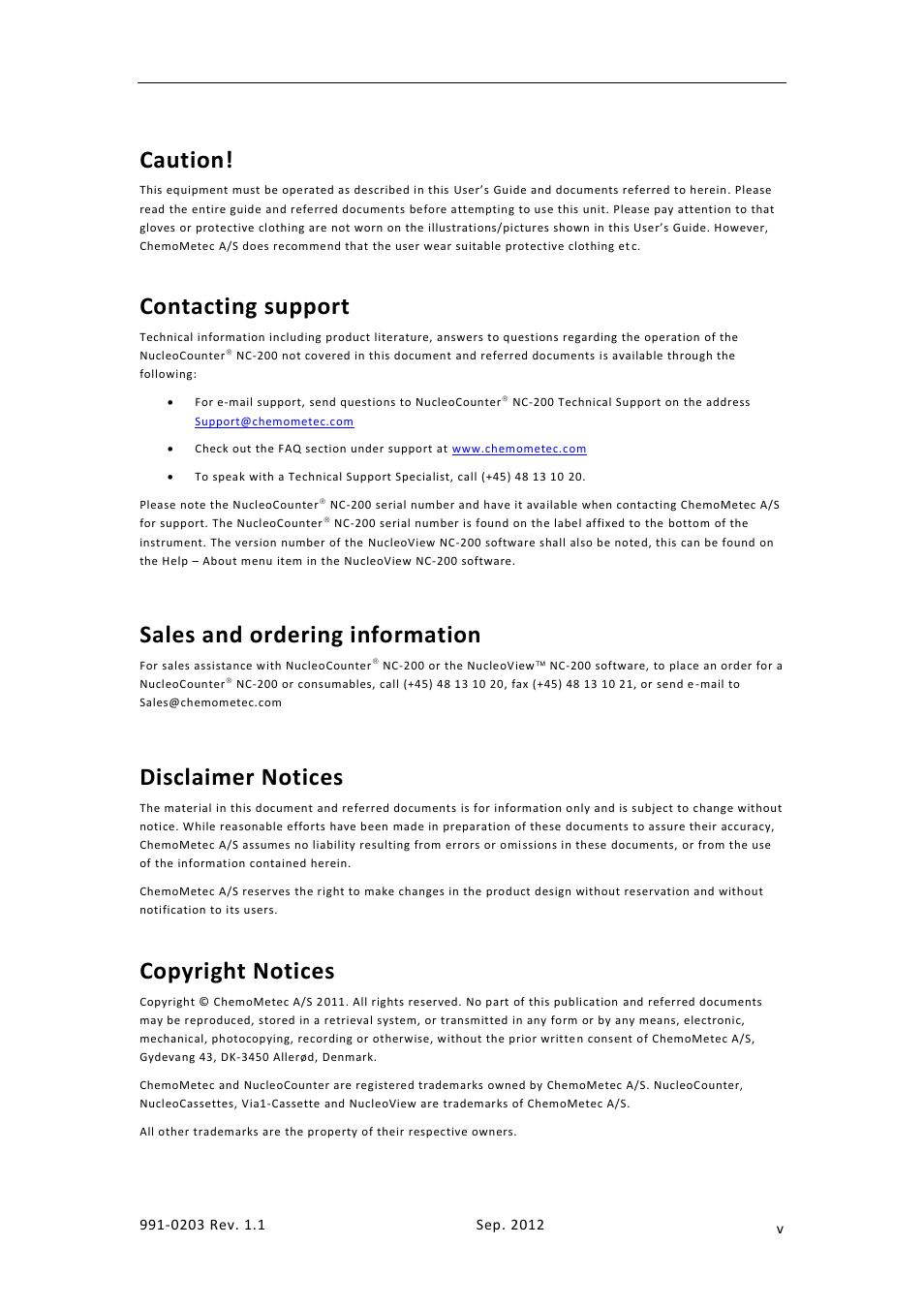 Caution, Contacting support, Sales and ordering information | Disclaimer notices, Copyright notices | ChemoMetec NC-200 User Manual | Page 5 / 45