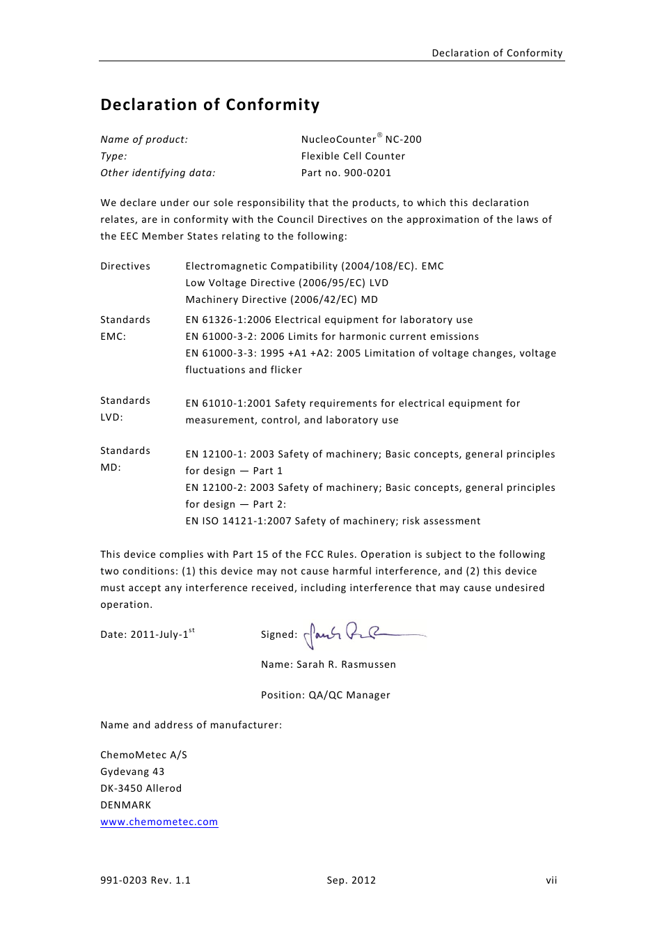 Declaration of conformity | ChemoMetec NC-200 User Manual | Page 7 / 45