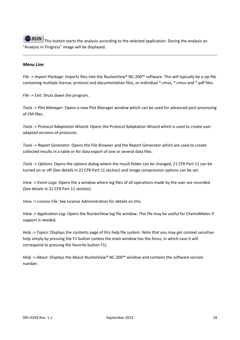 Menu line, Selecting a protocol in the main window | ChemoMetec NC-200 User Manual | Page 18 / 47