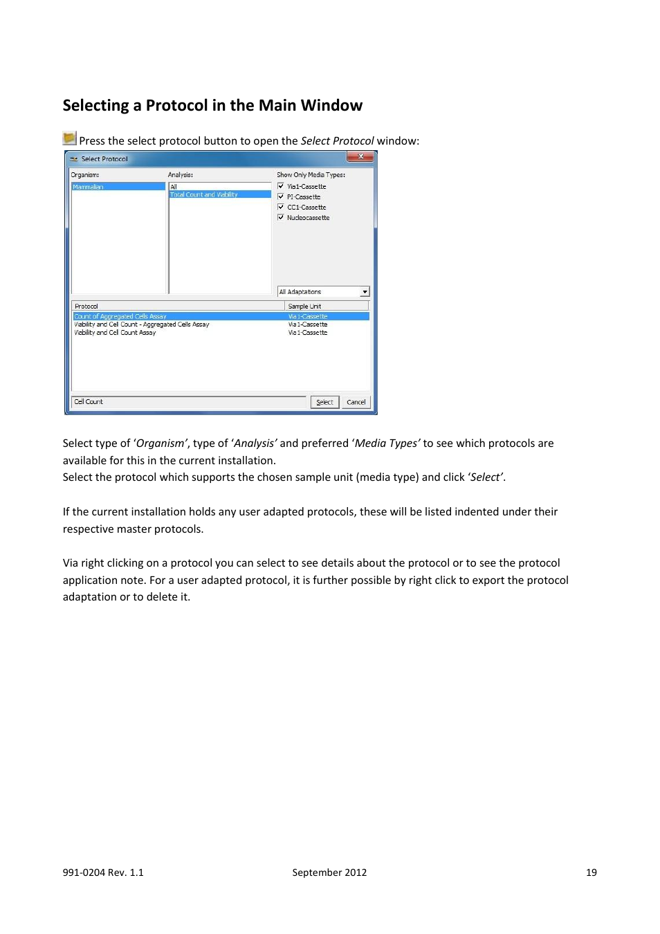 Selecting a protocol in the main window | ChemoMetec NC-200 User Manual | Page 19 / 47