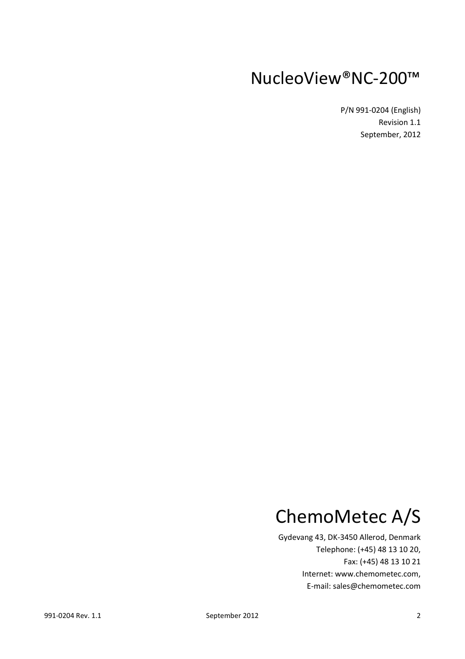 Chemometec a/s, Nucleoview®nc-200 | ChemoMetec NC-200 User Manual | Page 2 / 47