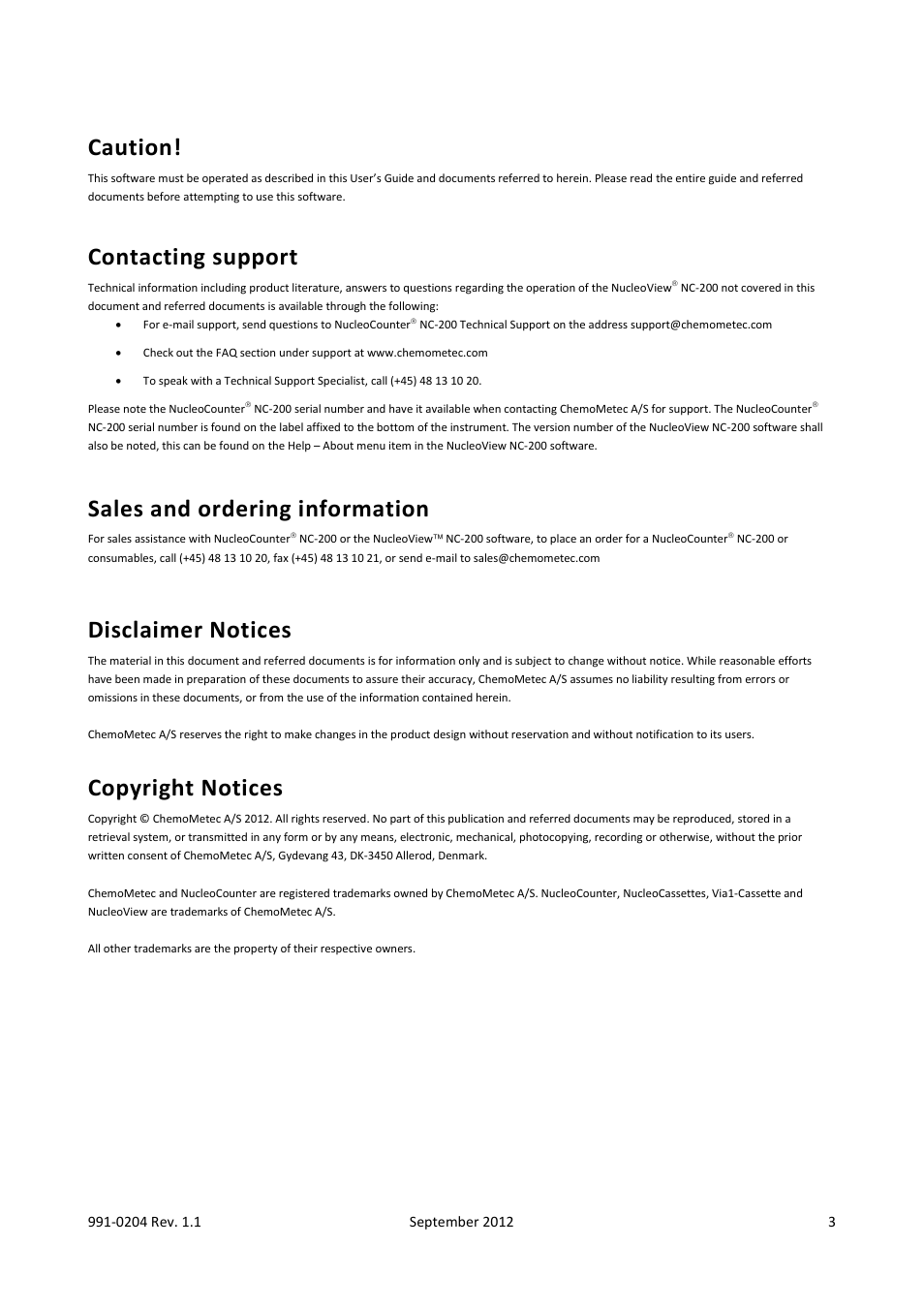 Caution, Contacting support, Sales and ordering information | Disclaimer notices, Copyright notices | ChemoMetec NC-200 User Manual | Page 3 / 47