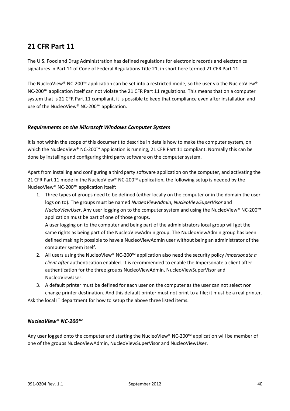 Nucleoview® nc-200, 21 cfr part 11 | ChemoMetec NC-200 User Manual | Page 40 / 47