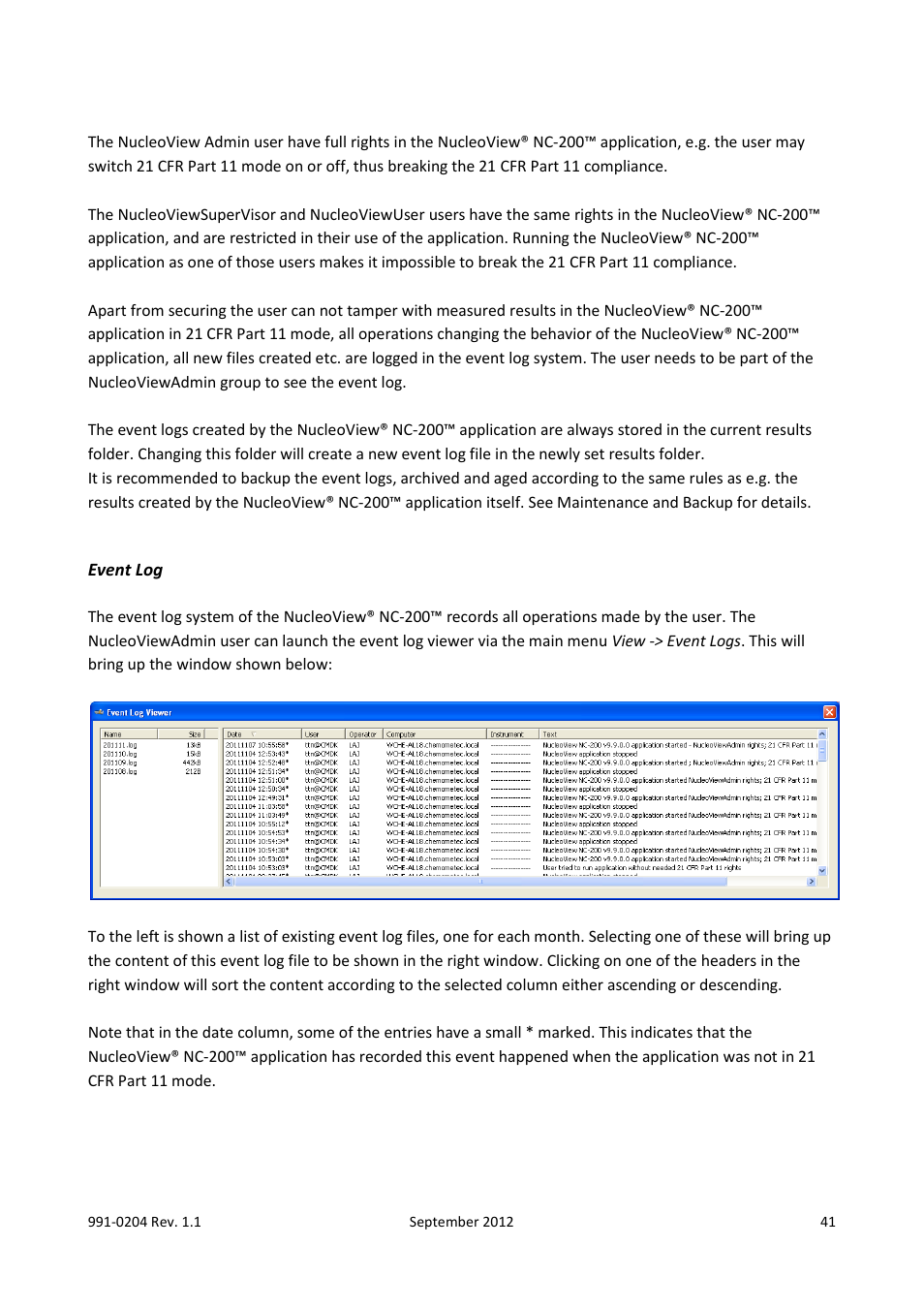 Event log | ChemoMetec NC-200 User Manual | Page 41 / 47