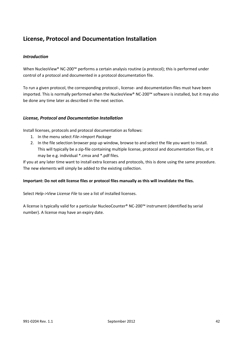 License, protocol and documentation installation, Introduction | ChemoMetec NC-200 User Manual | Page 42 / 47