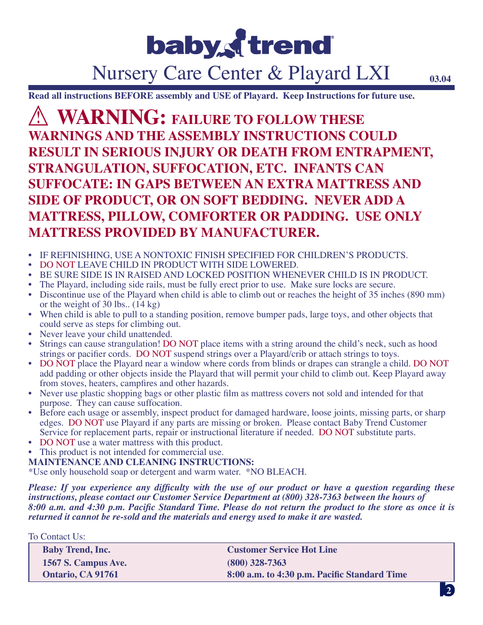 Warning, Nursery care center & playard lxi | Baby Trend 8181bt User Manual | Page 2 / 9