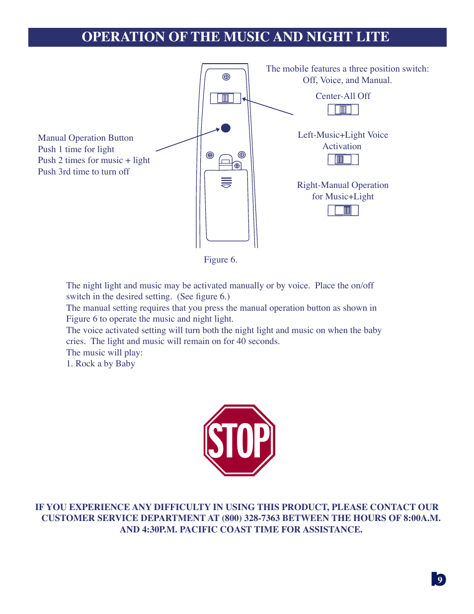 Stop, Operation of the music and night lite | Baby Trend 8181bt User Manual | Page 9 / 9