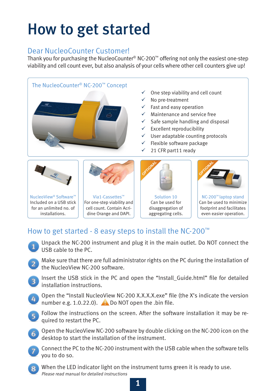 How to get started, Dear nucleocounter customer | ChemoMetec NC-200 User Manual | Page 2 / 8