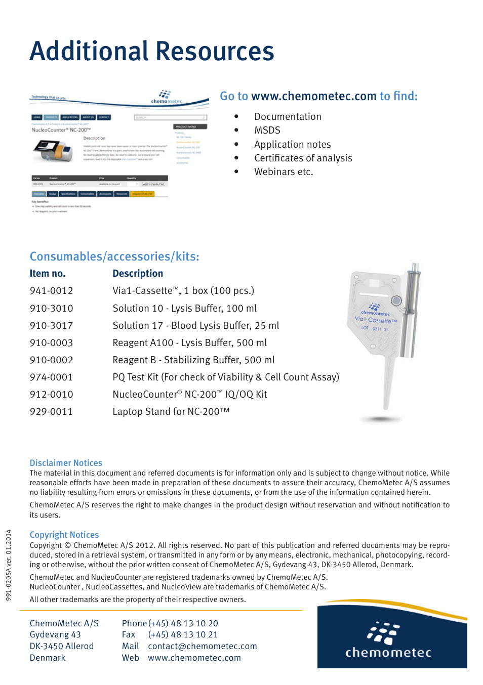 Additional resources, Consumables/accessories/kits | ChemoMetec NC-200 User Manual | Page 8 / 8
