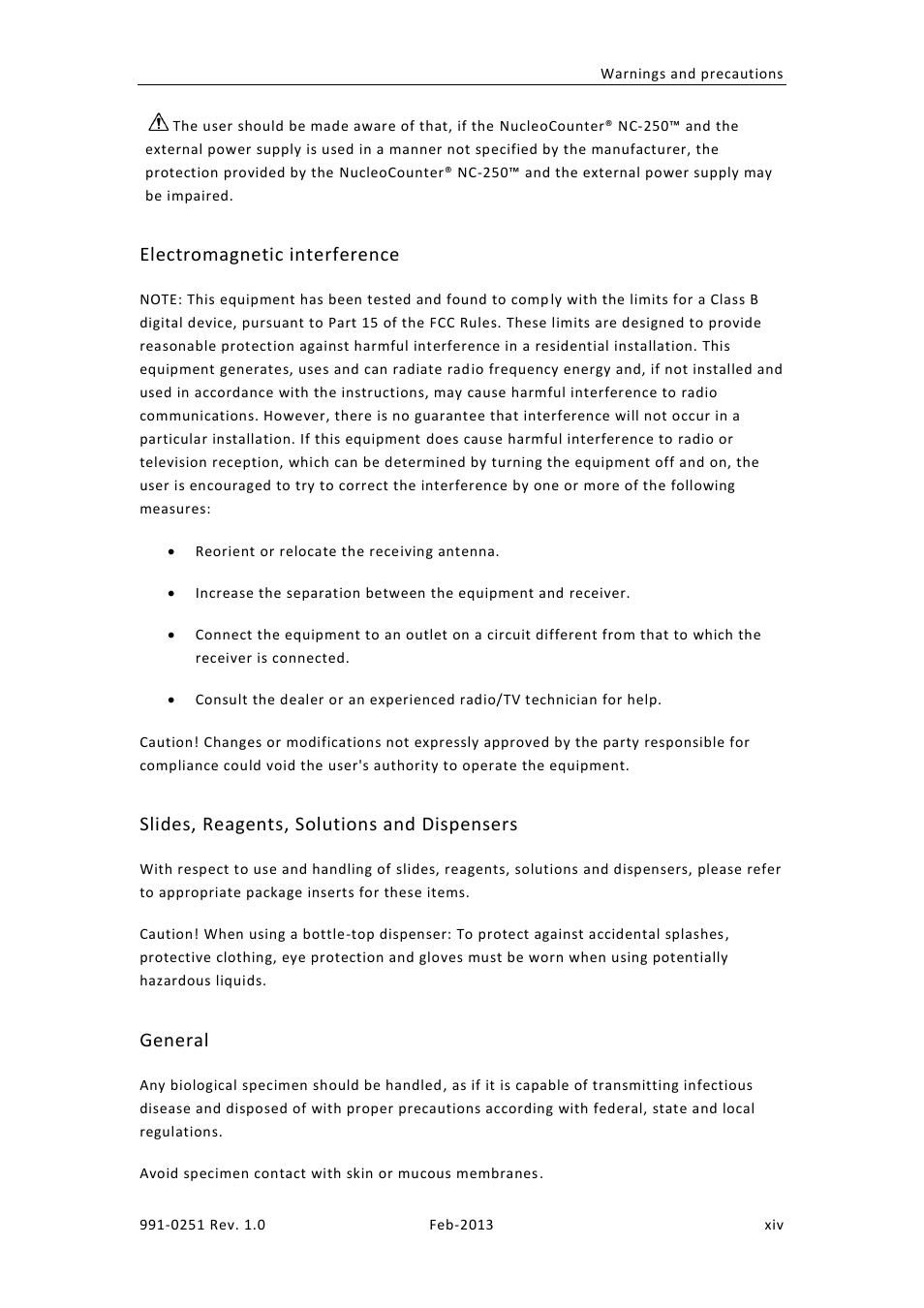 Electromagnetic interference, Slides, reagents, solutions and dispensers, General | ChemoMetec NC-250 User Manual | Page 14 / 46