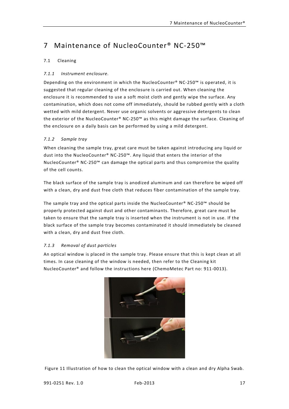 Maintenance of nucleocounter® nc-250, Leaning, Instrument enclosure | Sample tray, Removal of dust particles, 7 maintenance of nucleocounter® nc-250 | ChemoMetec NC-250 User Manual | Page 33 / 46